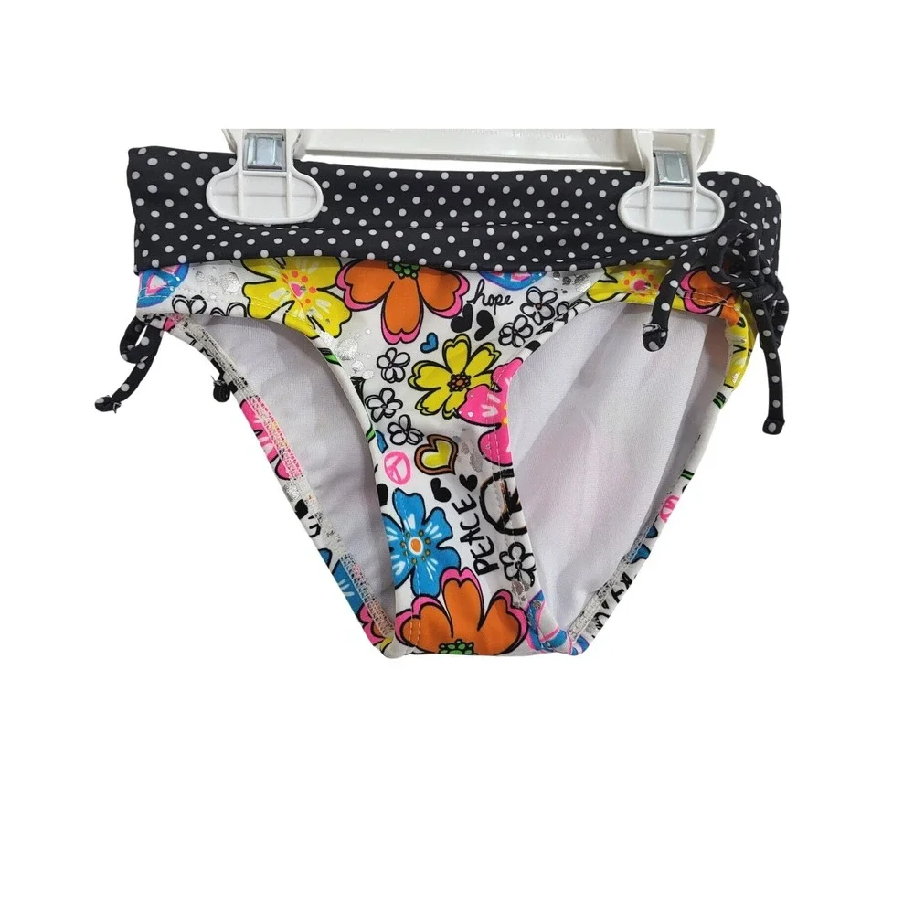 Justice‎ Girls White Black Orange Floral Peace & Love Two Piece Swimsuit 6 NWOT